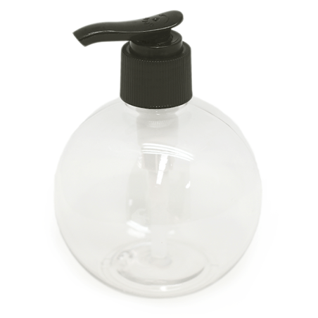 Botella pet transparente sphere 250 ml, tapón dosificador caña negro