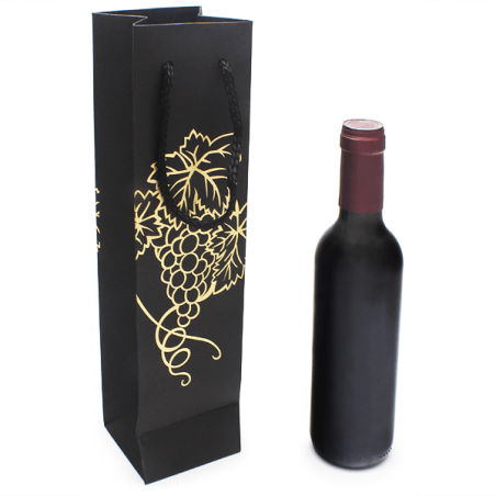 Bolsa 3/8 para botella de Vino Negra con Uvas Doradas.
