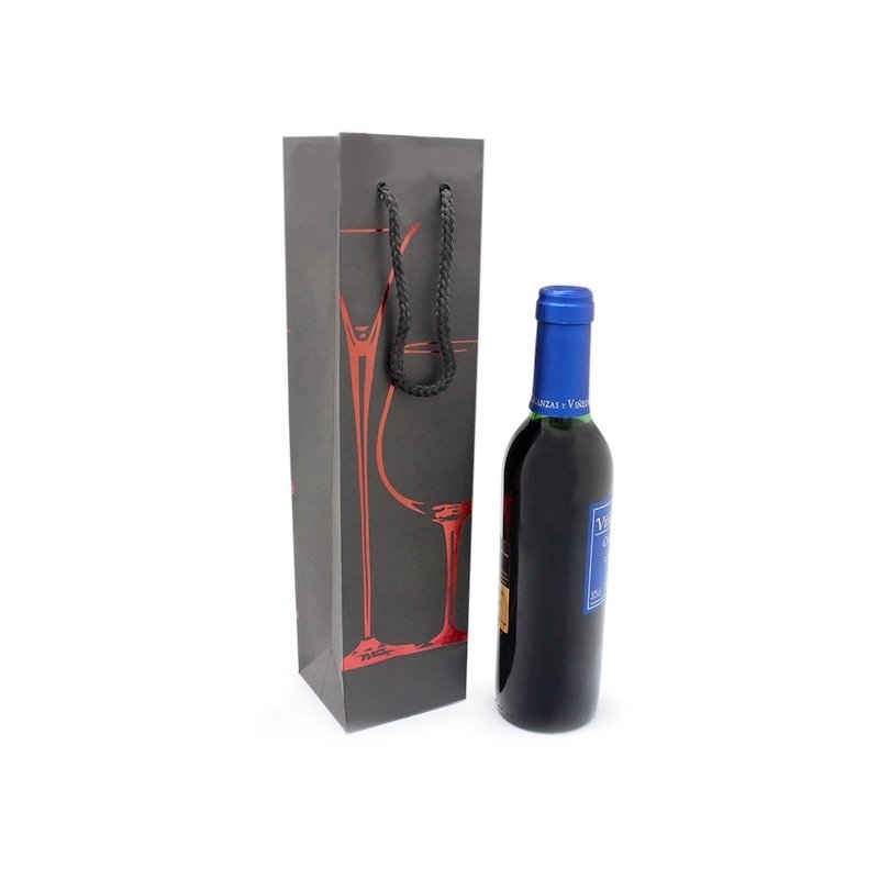 Bolsa 3/8 para botella de Vino Negra con Copas Rojas