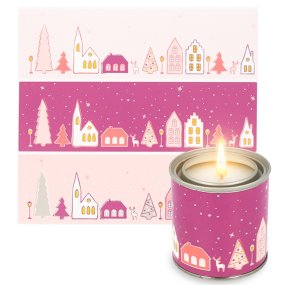 Pegatinas pueblo nevado tonos ciruela para velas en lata Pegatinas pueblo nevado tonos ciruela para velas en lata