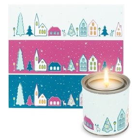 Pegatinas pueblo nevado tonos verdes para velas en lata Pegatinas pueblo nevado tonos verdes para velas en lata