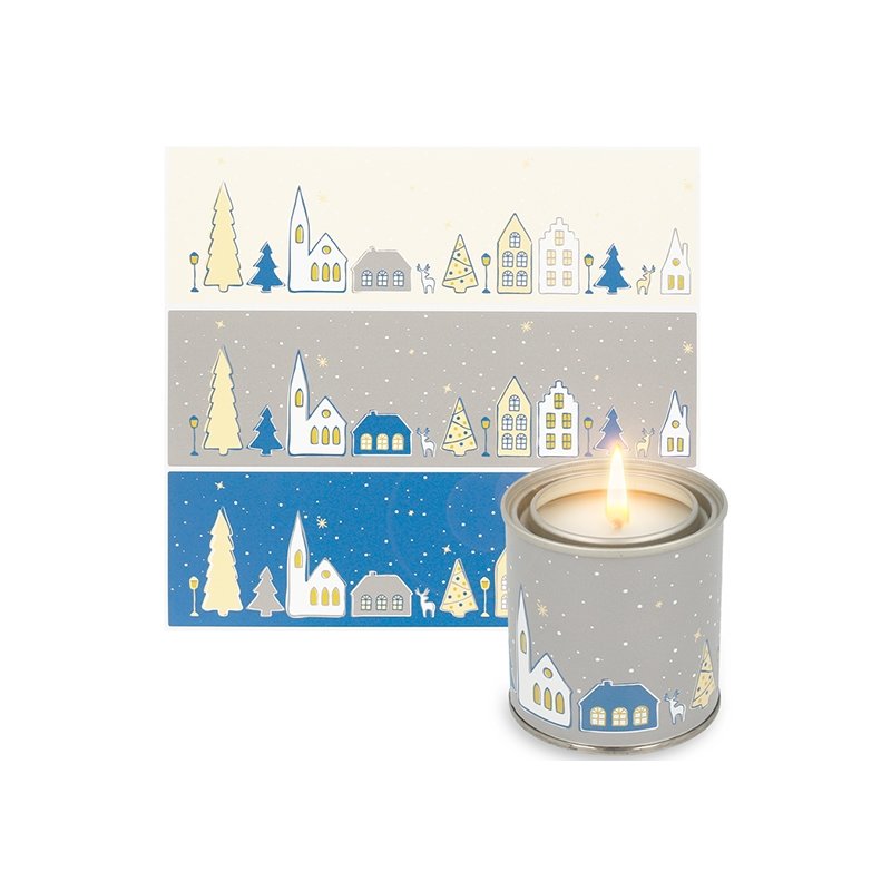 Adesivos aldeia nevada tons azuis para velas em lata