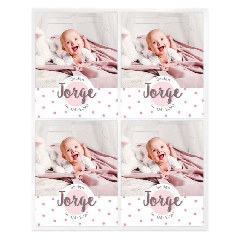 Pegatinas topos personalizadas con foto para bautizo