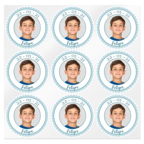 Pegatinas azules comunion personalizadas con foto Pegatinas azules comunion personalizadas con foto