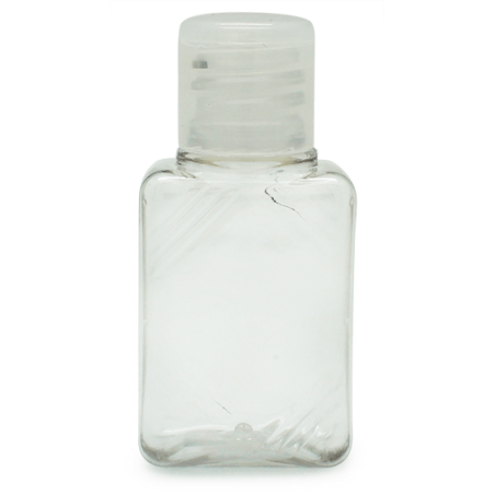 Botellita pet transparente rectangular 30 ml. tapón aluminio