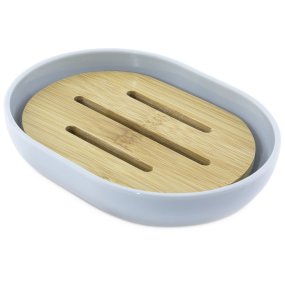 Saboneteira cinza de plástico e bambu Saboneteira cinza de plástico e bambu