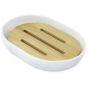 Saboneteira branca de plástico e bambu Saboneteira branca de plástico e bambu