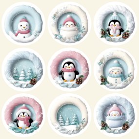 Autocolantes de pinguins natalinos em 3D