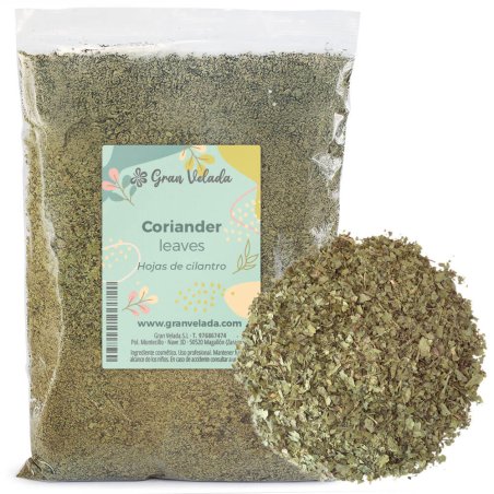 Envase de cilantro con muestra de hojas