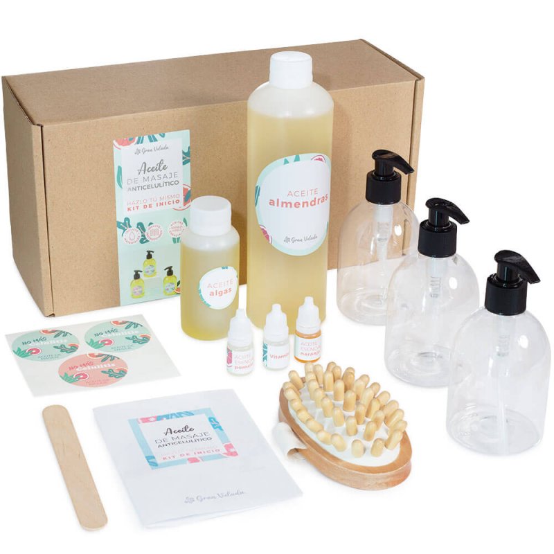 Contenido del kit para hacer aceite de masaje anticelulítico