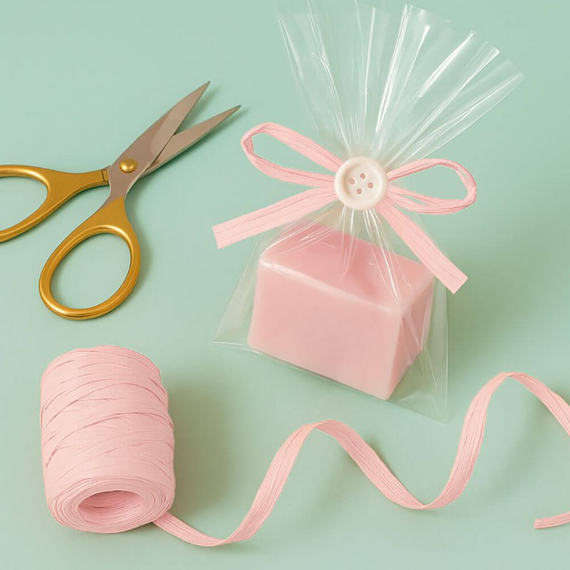 Bolsa envuelta con cinta de rafia rosa bebé