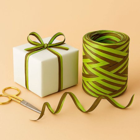 Cinta de rafia bicolor pistacho-marron para envolver regalos