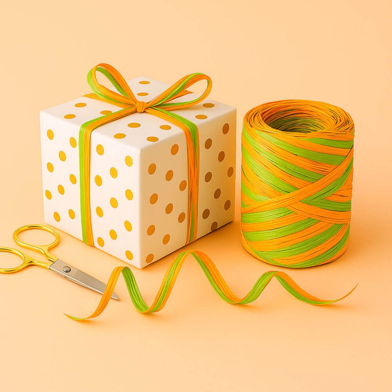 Cinta de rafia bicolor pistacho-naranja para envolver regalos
