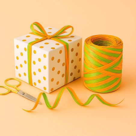 Cinta de rafia bicolor pistacho-naranja para envolver regalos