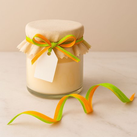 Cinta de rafia bicolor pistacho-naranja para decorar tarros