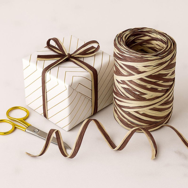 Cinta de rafia bicolor marron-natural para envolver regalos