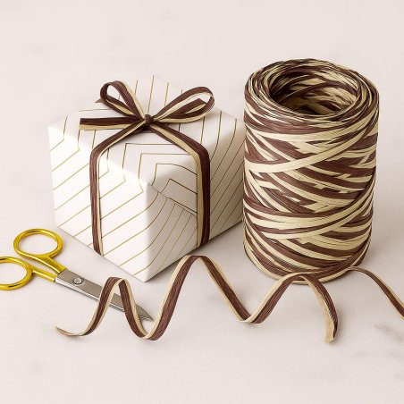 Cinta de rafia bicolor marron-natural para envolver regalos