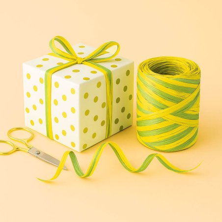 Cinta de rafia bicolor amarillo-pistacho para envolver regalos