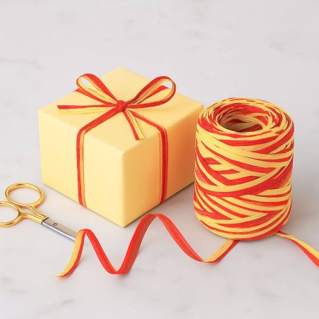 Cinta de rafia bicolor amarillo-rojo para envolver regalos