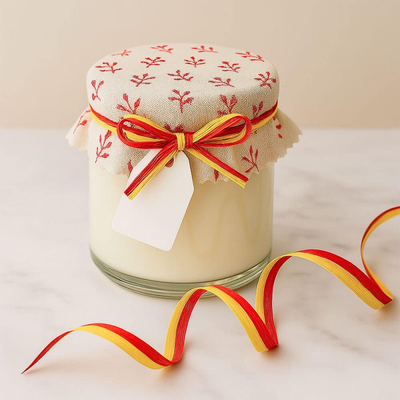 Cinta de rafia bicolor amarillo-rojo para decorar regalos