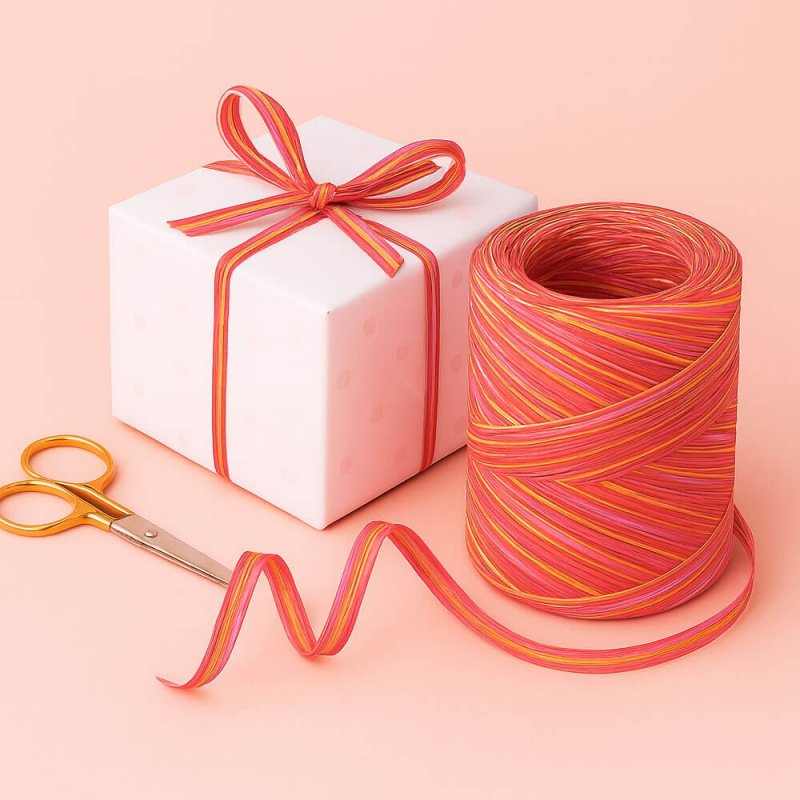 Cinta de rafia tricolor rojo-rosa-naranja para envolver regalos
