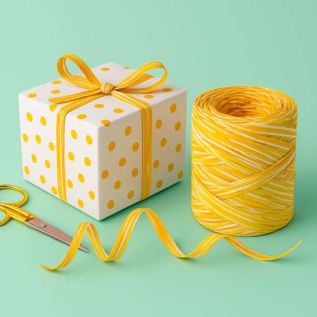 Cinta de rafia tricolor mostaza-amarillo-blanco para envolver regalos