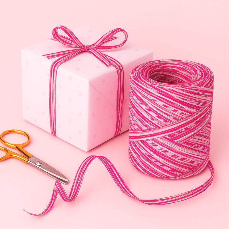 Cinta de rafia tricolor fucsia-blanco-rosa para envolver regalos