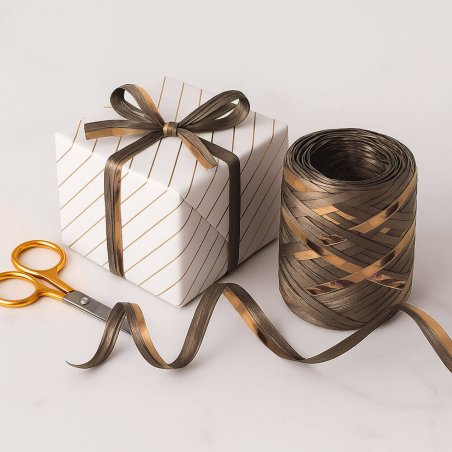 Cinta de rafia marron mate-metalizada para envolver regalos