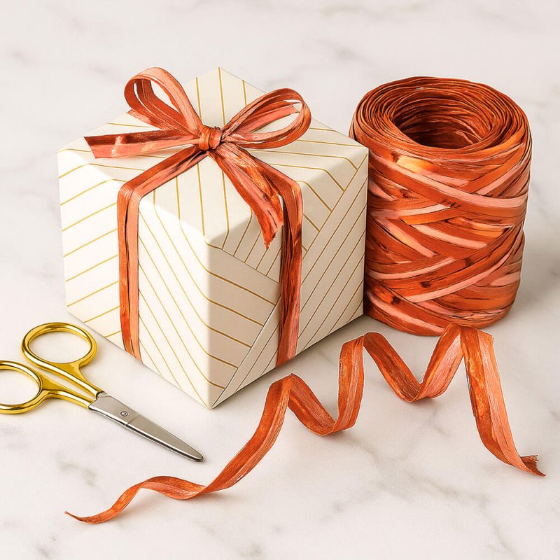 Cinta de rafia naranja mate-metalizada para envolver regalos