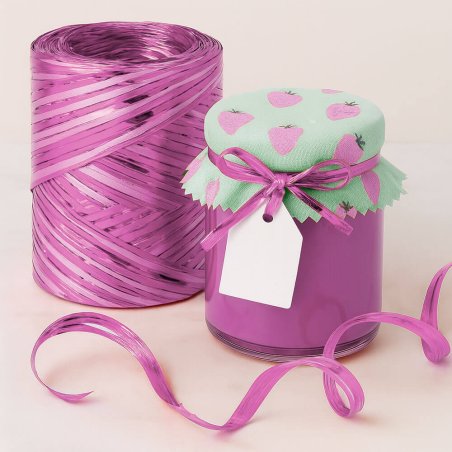 Cinta de rafia rosa mate-metalizada para decorar tarros
