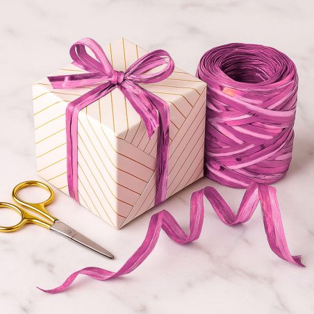 Cinta de rafia rosa mate-metalizada para envolver regalos