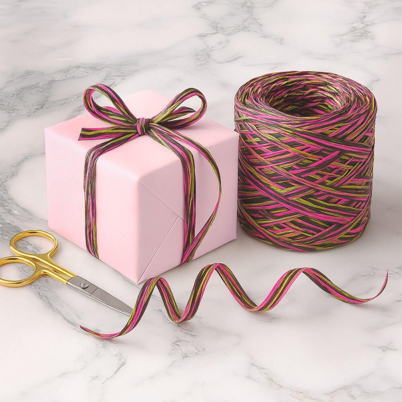 Cinta de rafia tricolor choco-fucsia-mostaza para envolver regalos