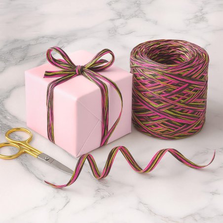 Cinta de rafia tricolor choco-fucsia-mostaza para envolver regalos