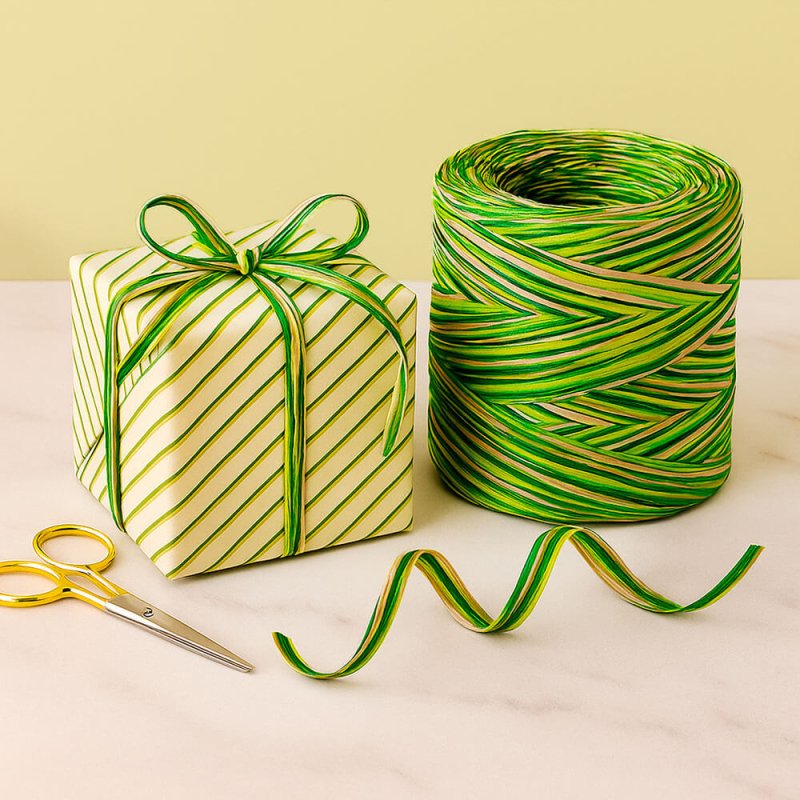 Cinta de rafia tricolor beige-pistacho-pino para envolver regalos