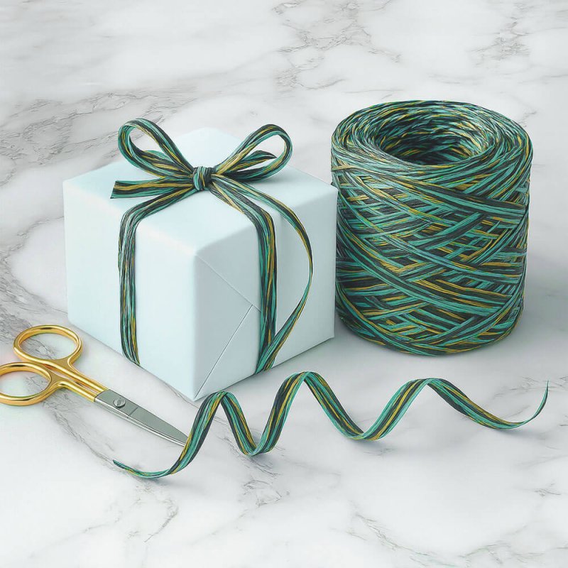 Cinta de rafia tricolor esmeralda-pistacho-pino para envolver regalos