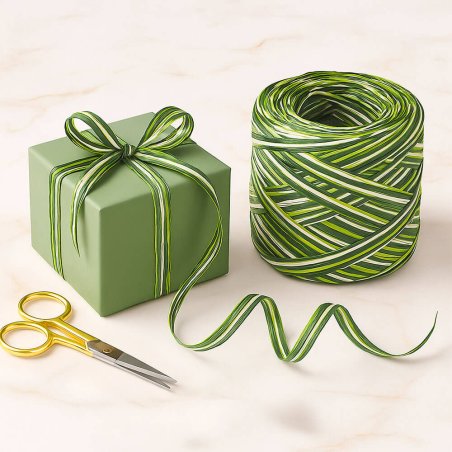 Cinta de rafia tricolor esmeralda-pistacho-pino para envolver regalos