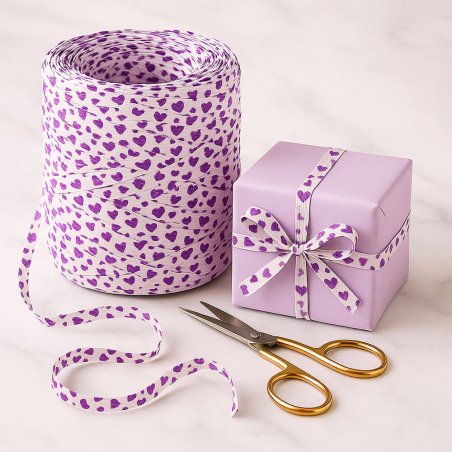 Cinta de rafia corazones violeta para envolver regalos