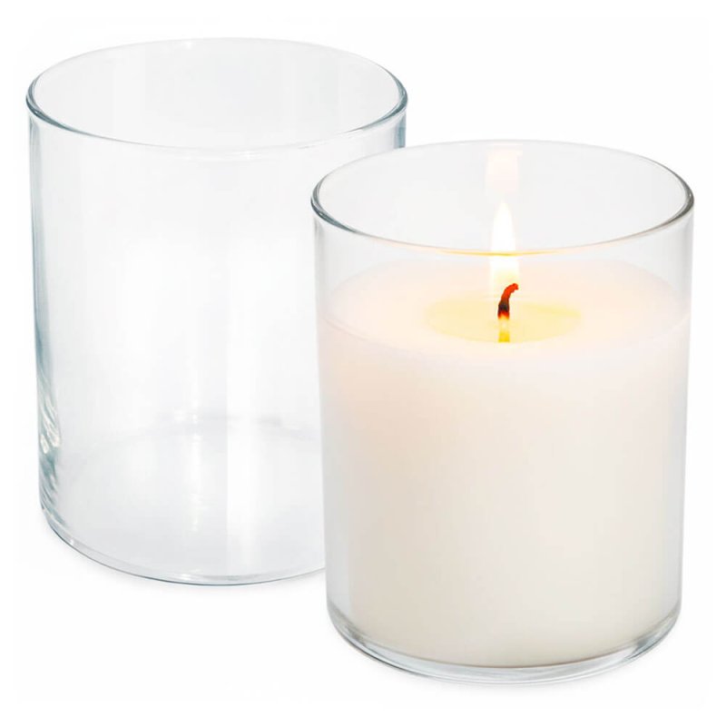 Vaso para velas premium 360 ml con una vela de ejemplo