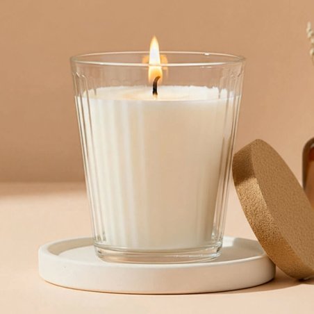 Vaso 230 ml rayas con tapa de corcho para velas