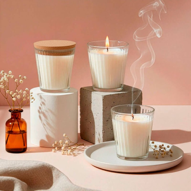 Velas en vaso de rayas con tapa de corcho
