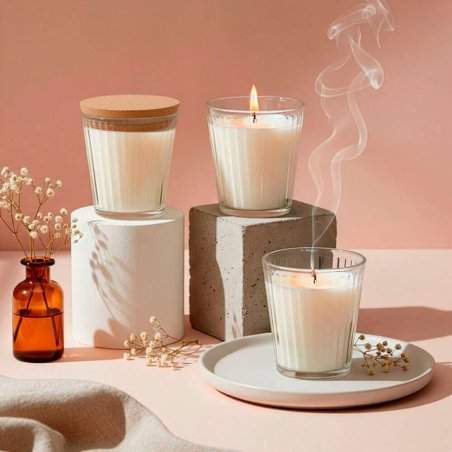 Velas en vaso de rayas con tapa de corcho