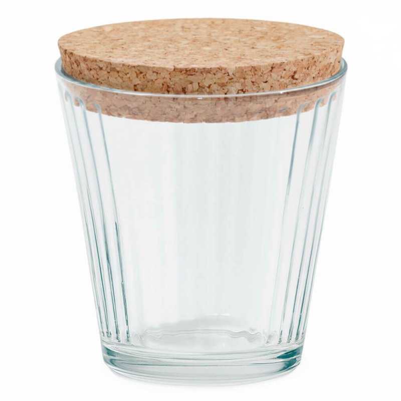 Vaso de cristal rayas con tapa de corcho para velas
