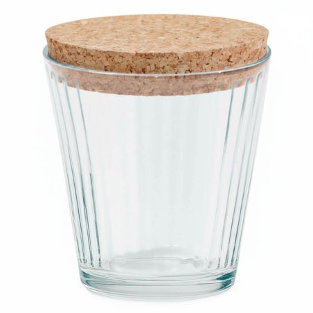 Vaso de cristal rayas con tapa de corcho para velas