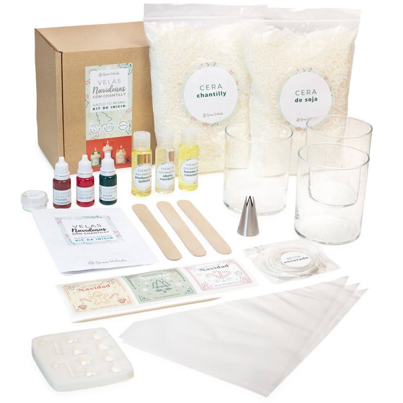 Contenido kit cómo hacer velas navideñas con chantilly. Materiales e instrucci Contenido kit cómo hacer velas navideñas con chantilly. Materiales e instrucci