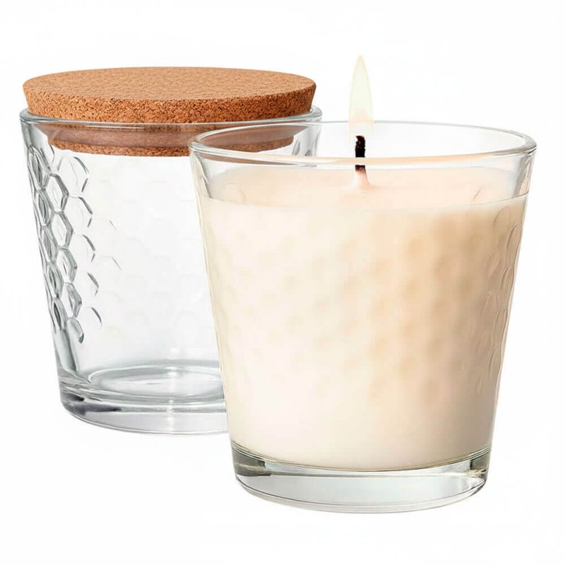 Vaso para hacer velas con relieve panal de abejas y tapa de corcho