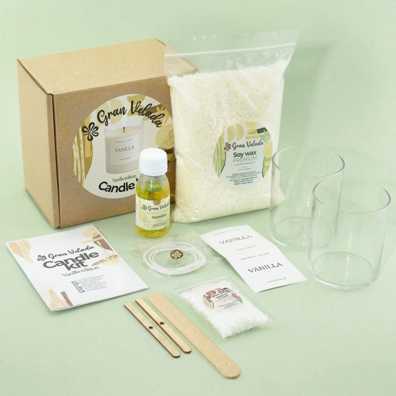 Kit que incluye materiales, utensilios e instrucciones para hacer velas aromáticas