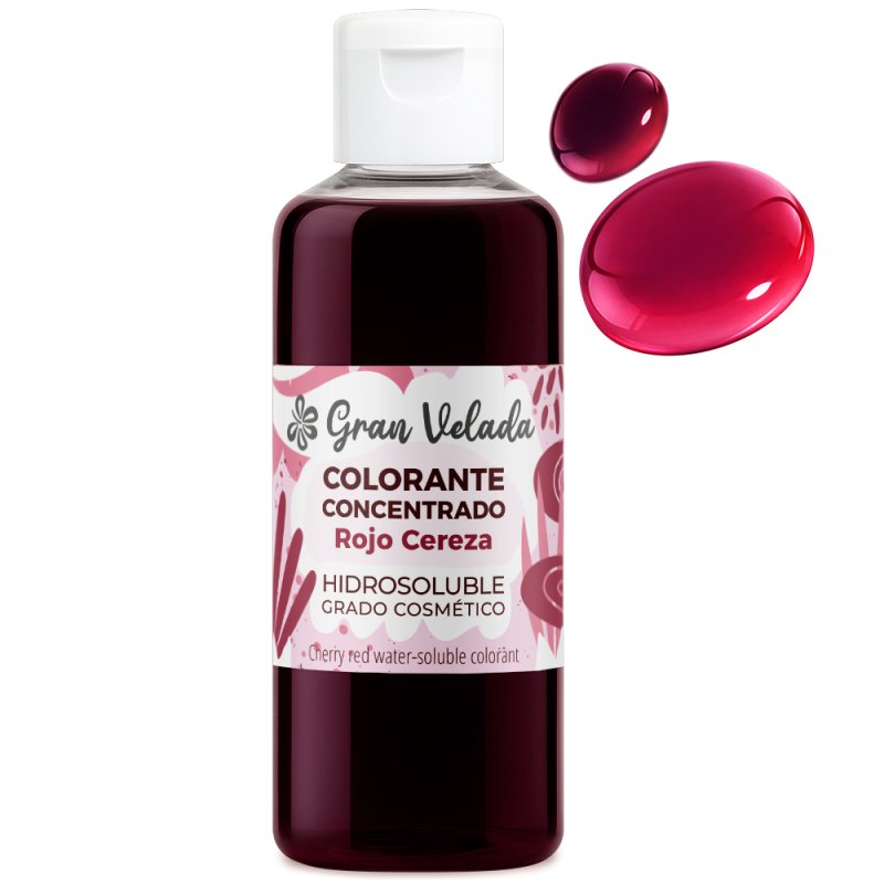 Colorante concentrado liquido rojo cereza con muestra gota