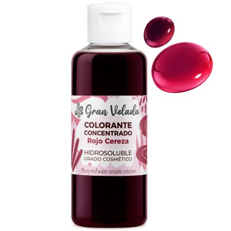 Colorante concentrado liquido rojo cereza con muestra gota