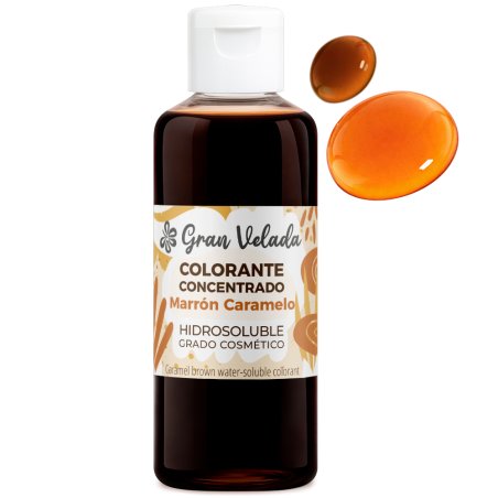 Colorante concentrado liquido marron caramelo con muestra de gota