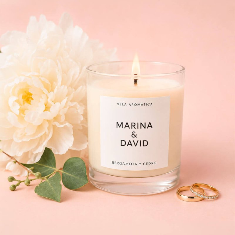 Vela con etiqueta personalizada para vela aromática minimalista